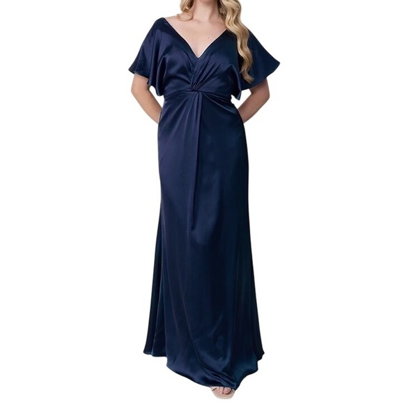 Revelry Dresses & Skirts - Revelry Gwen Navy Short Sleeve Navy Blue Satin Floor Length Gown Women's Size 22
